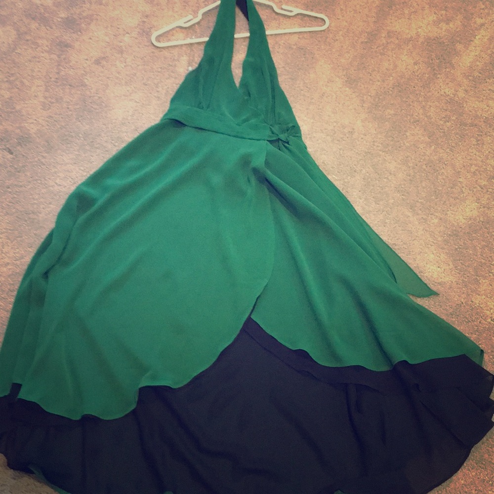 Chiffon green halter tea length dress szM